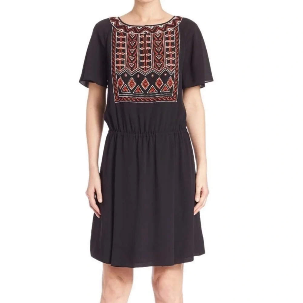 Tory Burch Black Silk Embroidered Boho Mini Dress Flutter Sleeve Sz 0. 30243